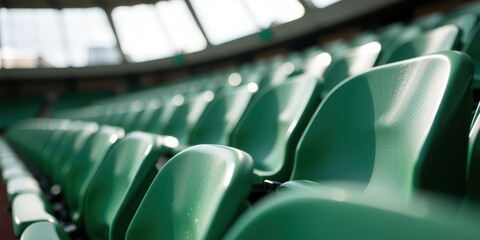 Fototapeta premium Empty green stadium seats with natural light streaming in.