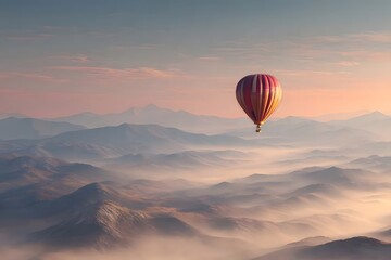 Obraz premium Hot air balloon rises above foggy mountains at sunrise.