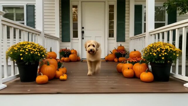 Adorable Dog & Autumn Porch Decor