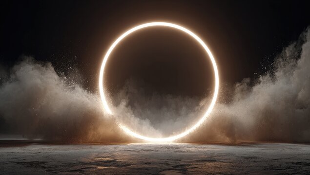 Glowing ring portal through smoky clouds
