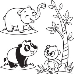 Cute Cartoon Illustration of Elephant, Panda and Bear with Tree – Animal Coloring Book Page for Kids