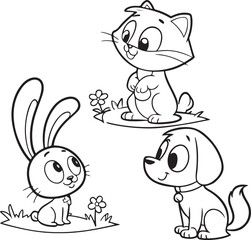 Cute Cartoon Animals Coloring Page Set – Bunny, Cat, Dog, Bear and Bird Line Art for Kids Activities