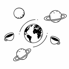 Minimilist illustration of earth, planets, moon, and coffee cups floating in space on a white background design vector
