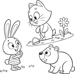 Cute Cartoon Animals Coloring Page Set – Bunny, Cat, Dog, Bear and Bird Line Art for Kids Activities