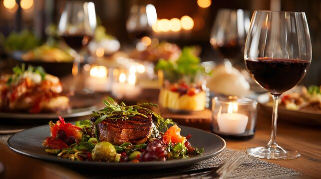 Realistic photo of gourmet dinner table with wine glasses and candles