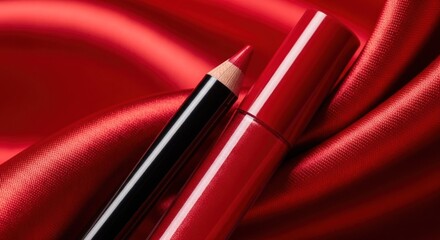 Red lipstick and matching pencil over rich red satin fabric