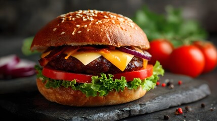 Realistic photo of gourmet burger with cheese, lettuce, tomato