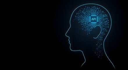 Obraz premium Digital human head outline with a glowing circuit board and API microchip, representing artificial intelligence and advanced technology.