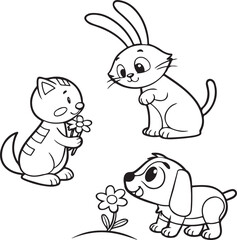 Cute Cartoon Animals Coloring Page Set – Bunny, Cat, Dog, Bear and Bird Line Art for Kids Activities