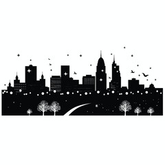 Fototapeta premium Black silhouette of a city skyline with trees and a road