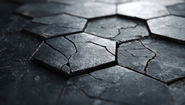 Close-up of dark gray hexagonal tiles with cracks
