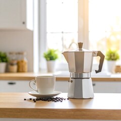 Modern kitchen, coffee maker, cup