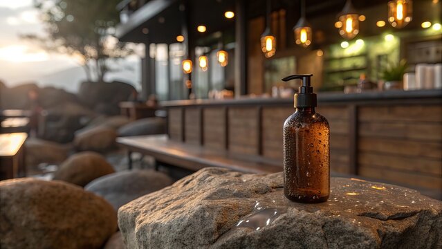 Amber glass bottle with pump dispenser on a rock outdoors