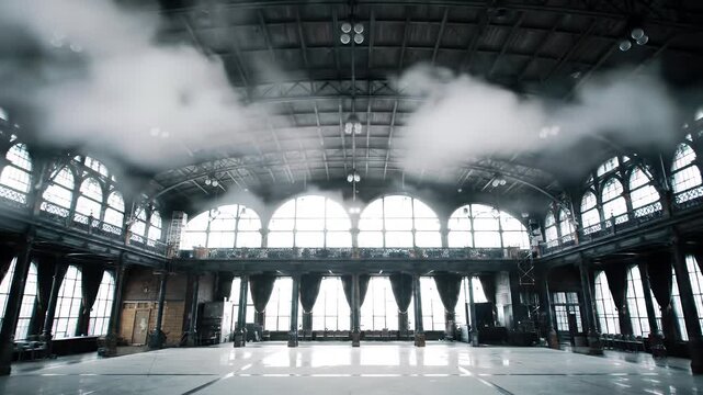 Dramatic Industrial Hall with Simulated Weather Arched Windows and Weathered Textures Creating an Eerie and Atmospheric Indoor Scene Perfect for Decoration and Film Backdrops
