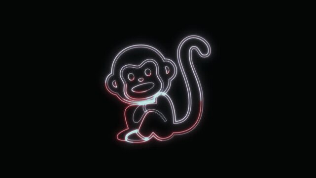  Monkey Icon Neon Seamless Loop 4K with Black Background Animated Promotional Typography for Video Editing