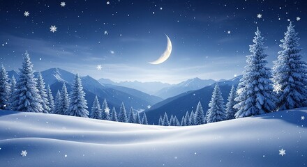 Naklejka premium Serene Winter Night: Snow-Covered Mountains, Crescent Moon, Falling Snow, Dreamy Atmosphere.