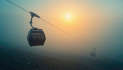 Cable cars ascend through a foggy landscape as the sun rises, casting a warm glow over the scene