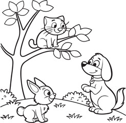 Cute Cartoon Animals Coloring Page Set – Bunny, Cat, Dog, Bear and Bird Line Art for Kids Activities