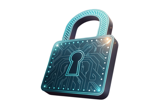 Cybersecurity padlock isolated on transparent background