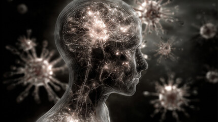 A human silhouette with dimming neural pathways and viral forms, symbolizing COVID-19 neurological complications.