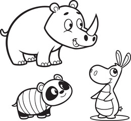 Cute Cartoon Illustration of Elephant, Panda and Bear with Tree – Animal Coloring Book Page for Kids