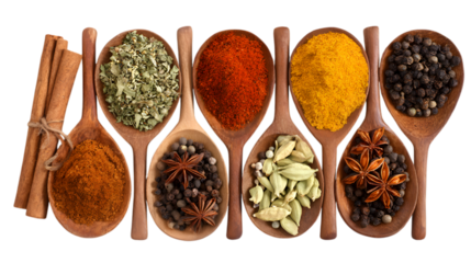 Vibrant collection of assorted spices and herbs artfully displayed on wooden spoons, ready for culinary creation  isolated on white background