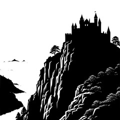 Majestic castle silhouette on a cliff, fantasy landscape art © Sarfaraz