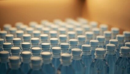 Fototapeta premium A close-up of neatly arranged blue-tinted plastic water bottles in a smooth gradient background