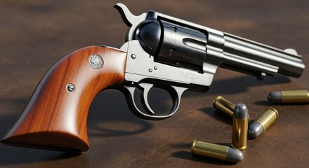 Obraz premium Classic single-action revolver with cartridges, evoking a sense of history