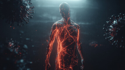 A human silhouette with dimming neural pathways and viral forms, symbolizing COVID-19 neurological complications.