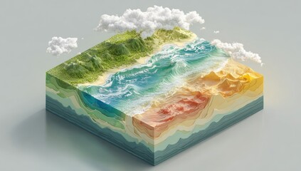 3D model cube showing layered Earth terrain, from mountains to ocean, with clouds