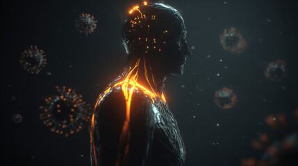 A human silhouette with dimming neural pathways and viral forms, symbolizing COVID-19 neurological complications.