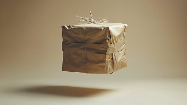 Floating gift wrapped in metallic paper with string tied on top, isolated on beige.