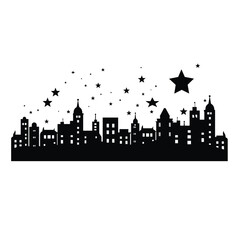 Silhouetted cityscape with stars and sparkles