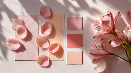 Pastel pink and peach flower petals arranged with complementary color swatches, elegant mood board, soft and harmonious palette