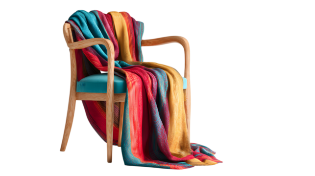 Cozy armchair draped with a vibrant, textured throw blanket creating a warm and inviting atmosphere isolated on white background