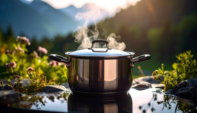 Outdoor cooking pot steaming - Powered by Adobe