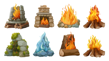 Discover vibrant, stylized campfires and a mystical blue flame for your fantasy game or nature project isolated on white background