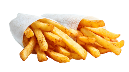 Crispy seasoned french fries bursting from a white paper cone, perfect for fast food promotions isolated on white background
