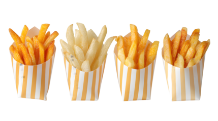 Indulge in tempting french fries variety served in stylish striped paper cones, a delicious fast food delight isolated on white background