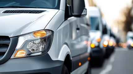 White commercial minivans parked in a row symbolize efficient logistics and delivery services.