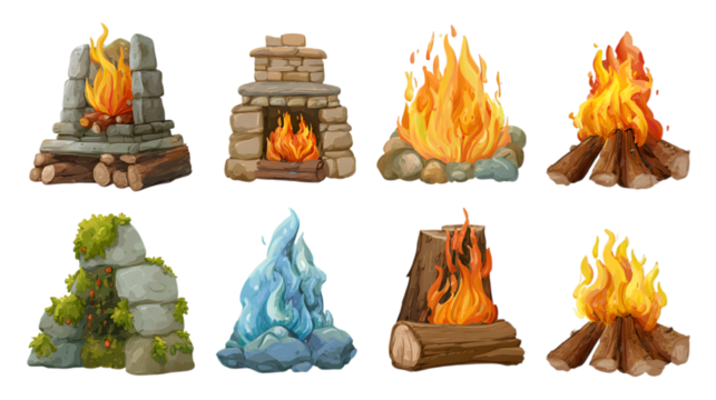Discover vibrant, stylized campfires and a mystical blue flame for your fantasy game or nature project isolated on white background