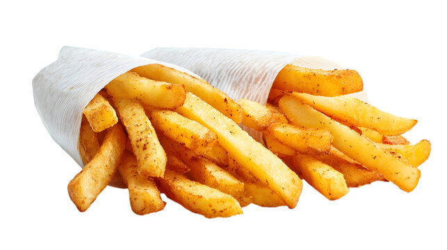 Crispy seasoned french fries bursting from a white paper cone, perfect for fast food promotions isolated on white background