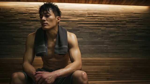 静かな木製ベンチでくつろぐ若き日本人男性の姿
