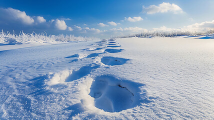 Footprints in deep snow stretch into the distance under a bright blue sky.