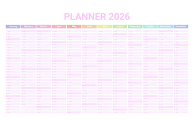 Planner English calendar of 2026 year, template schedule calender with 12 vertical months on one page. Wall organizer, yearly planner template. Vector illustration