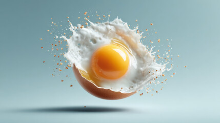 Vibrant egg yolk splashes from its broken shell, dynamic culinary moment captured with fresh detail. Energetic food