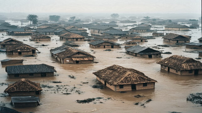 Devastating flooding affects rural communities southeast asia aerial photography natural disaster overcast conditions humanitarian impact