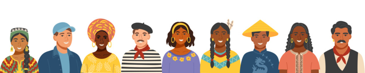 Portraits of men and women of different nationalities in traditional clothing. Concept of cultural diversity, equality, social inclusion and friendship. Vector flat background.