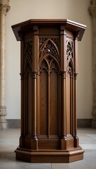 Ornate gothic wooden lectern in a church setting